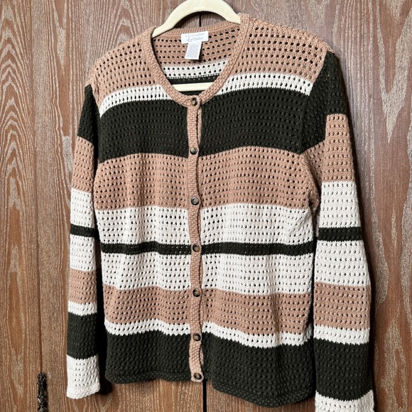Christopher & Banks Striped Crochet Cardigan Sweater Women's Size L Button Down - Picture 2 of 7